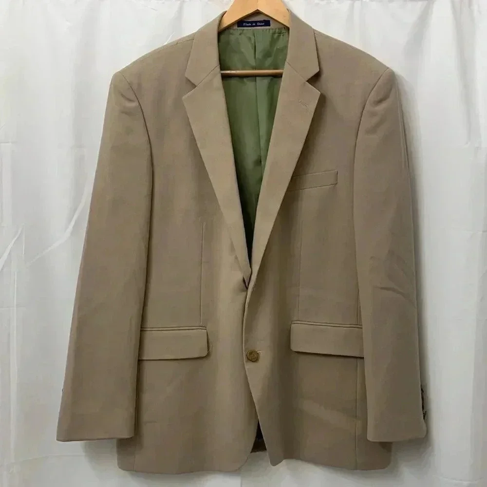 Alan Flusser Mens Tan Two Button Blazer Sport Coat Jacket 44R Gold Crest Buttons